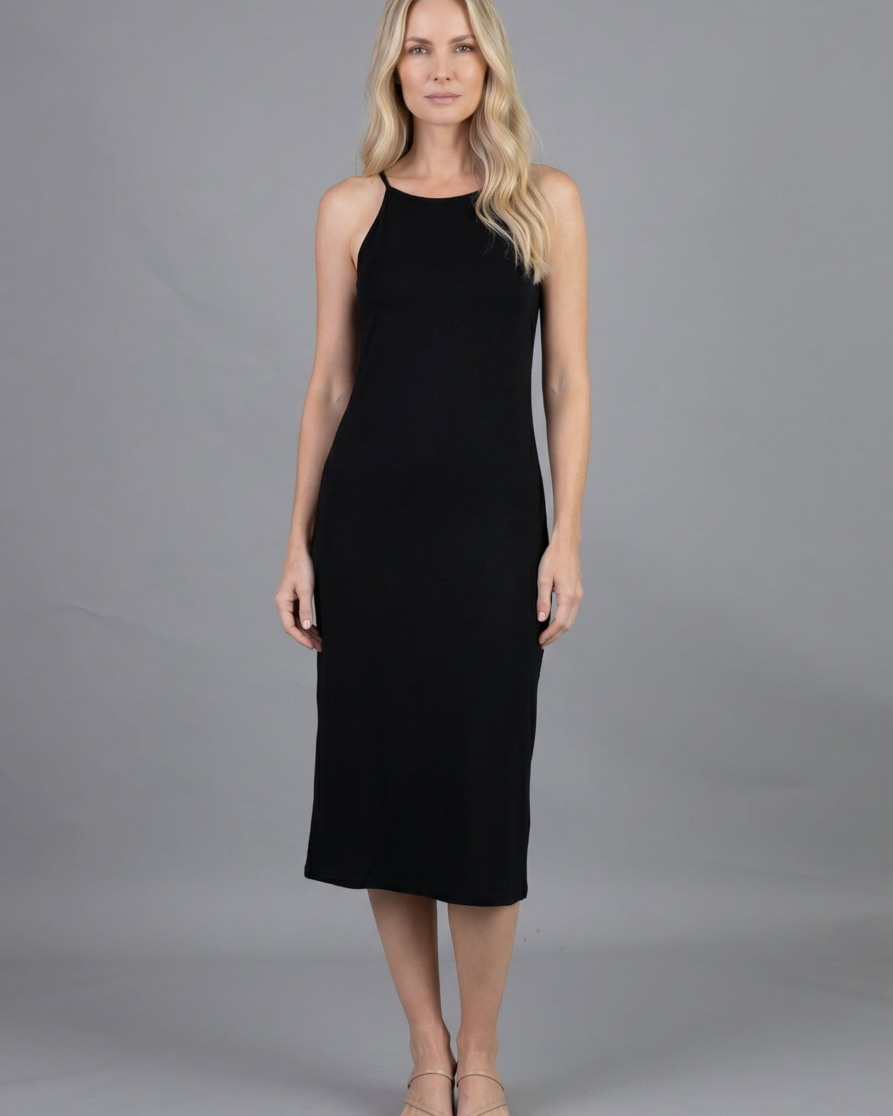 Nuggles Layering Camisole Dress in Black, sleeveless midi slip dress for modest layering coverage