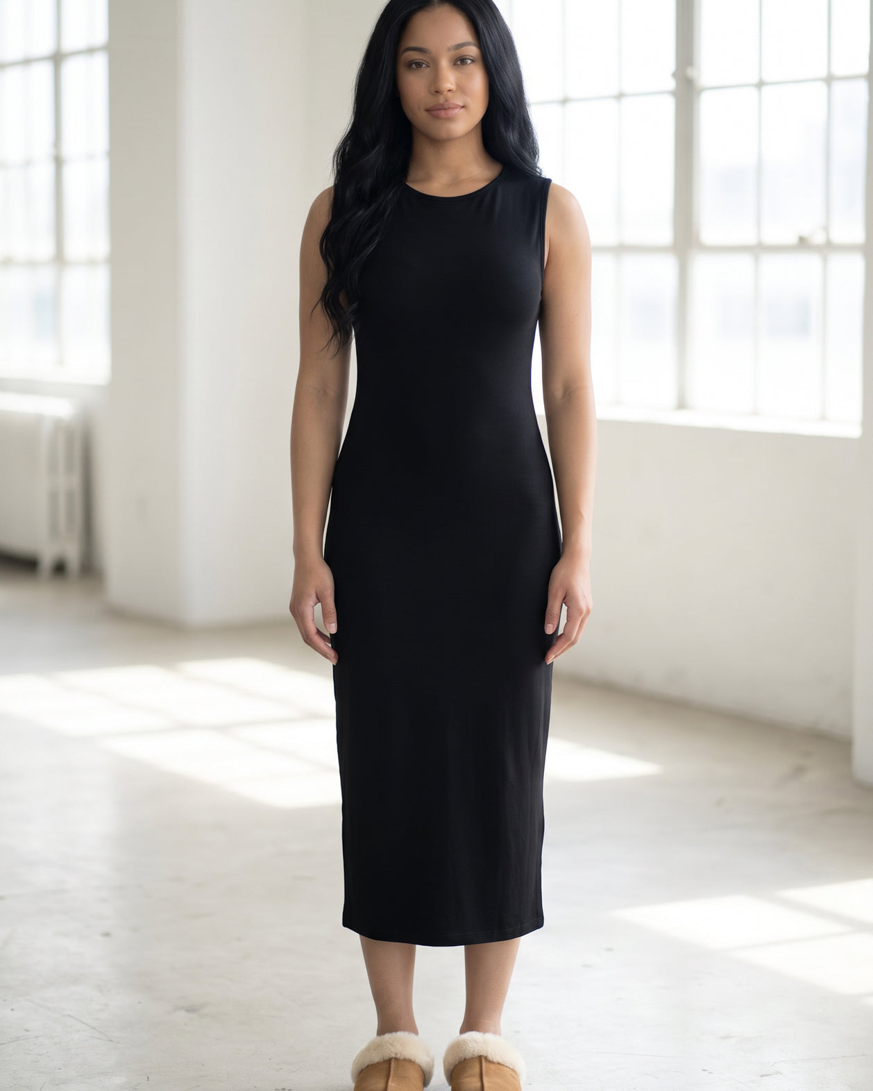 Model wearing Nuggles® Tank Midi Dress in Black