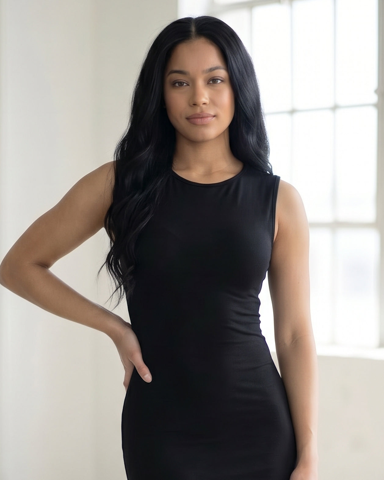 Model wearing Nuggles® Tank Midi Dress in Black