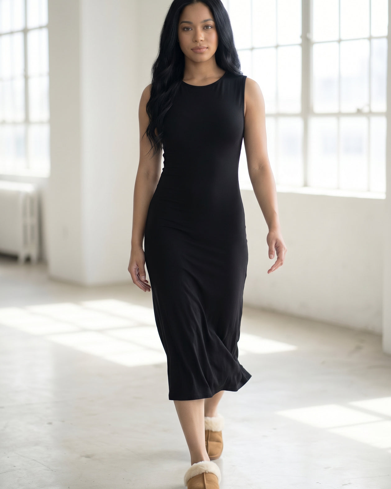 Model wearing Nuggles® Tank Midi Dress in Black