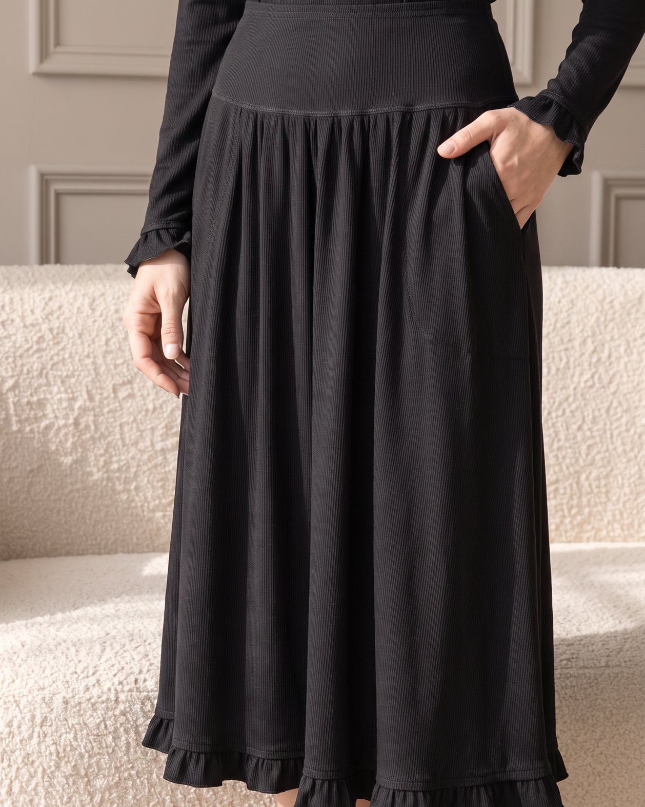 Model wearing Nuggles® Bethany Shirt & Skirt in Black