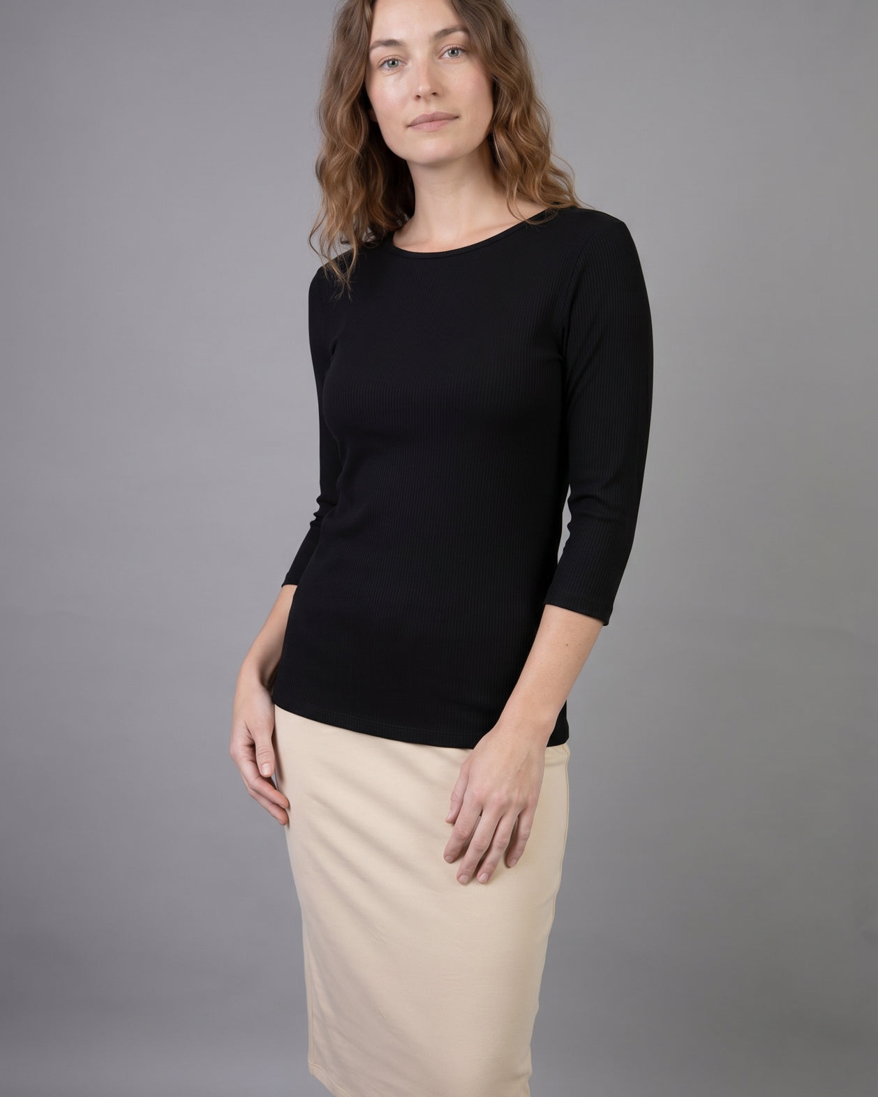 Model wearing Nuggles® 3/4 Essential Ribbed Tee in Black