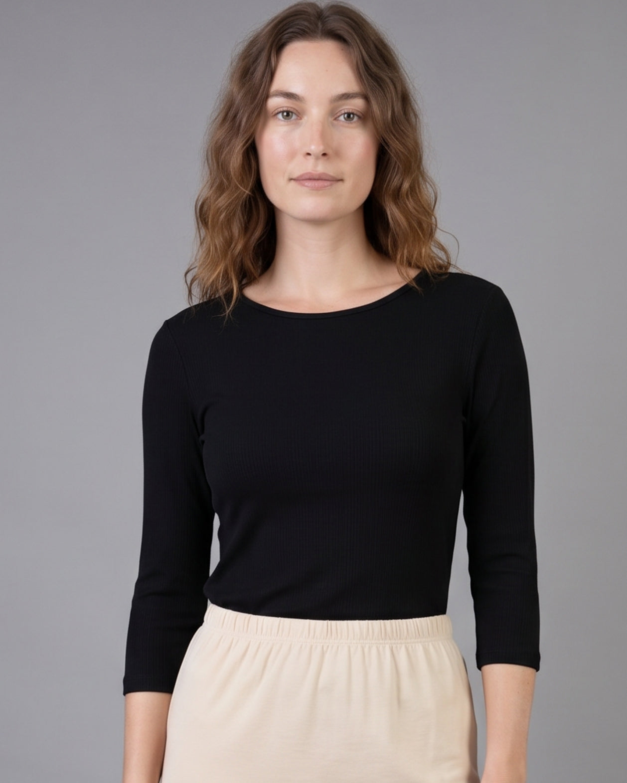 Model wearing Nuggles® 3/4 Essential Ribbed Tee in Black