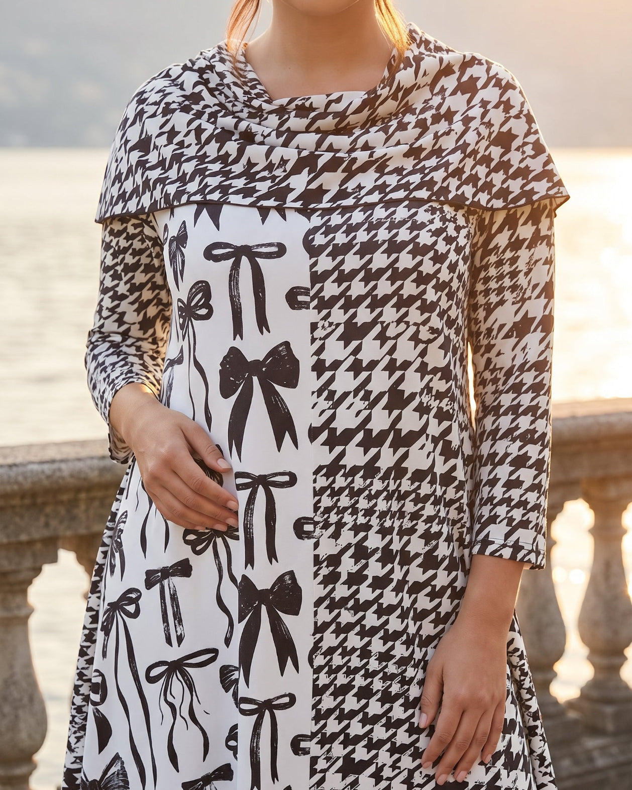 The Nuggles® Bailey Dress in Black Ribbon midi length, two tone with cowl neckline