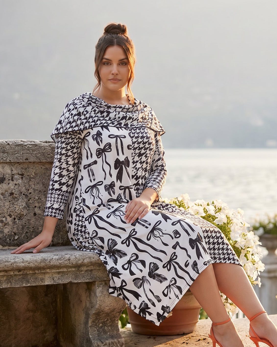The Nuggles® Bailey Dress in Black Ribbon midi length, two tone with cowl neckline