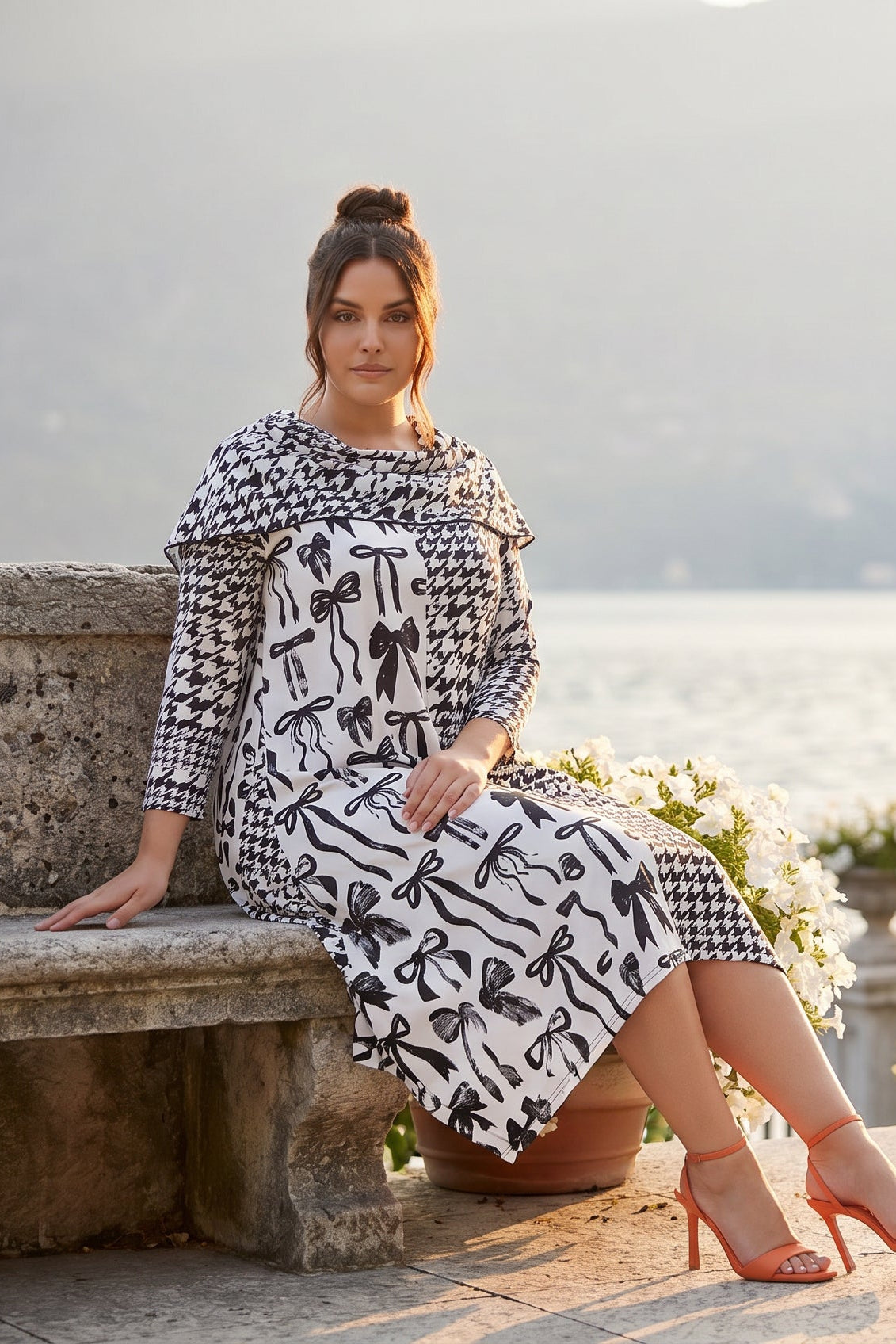 The Nuggles® Bailey Dress in Black Ribbon midi length, two tone with cowl neckline
