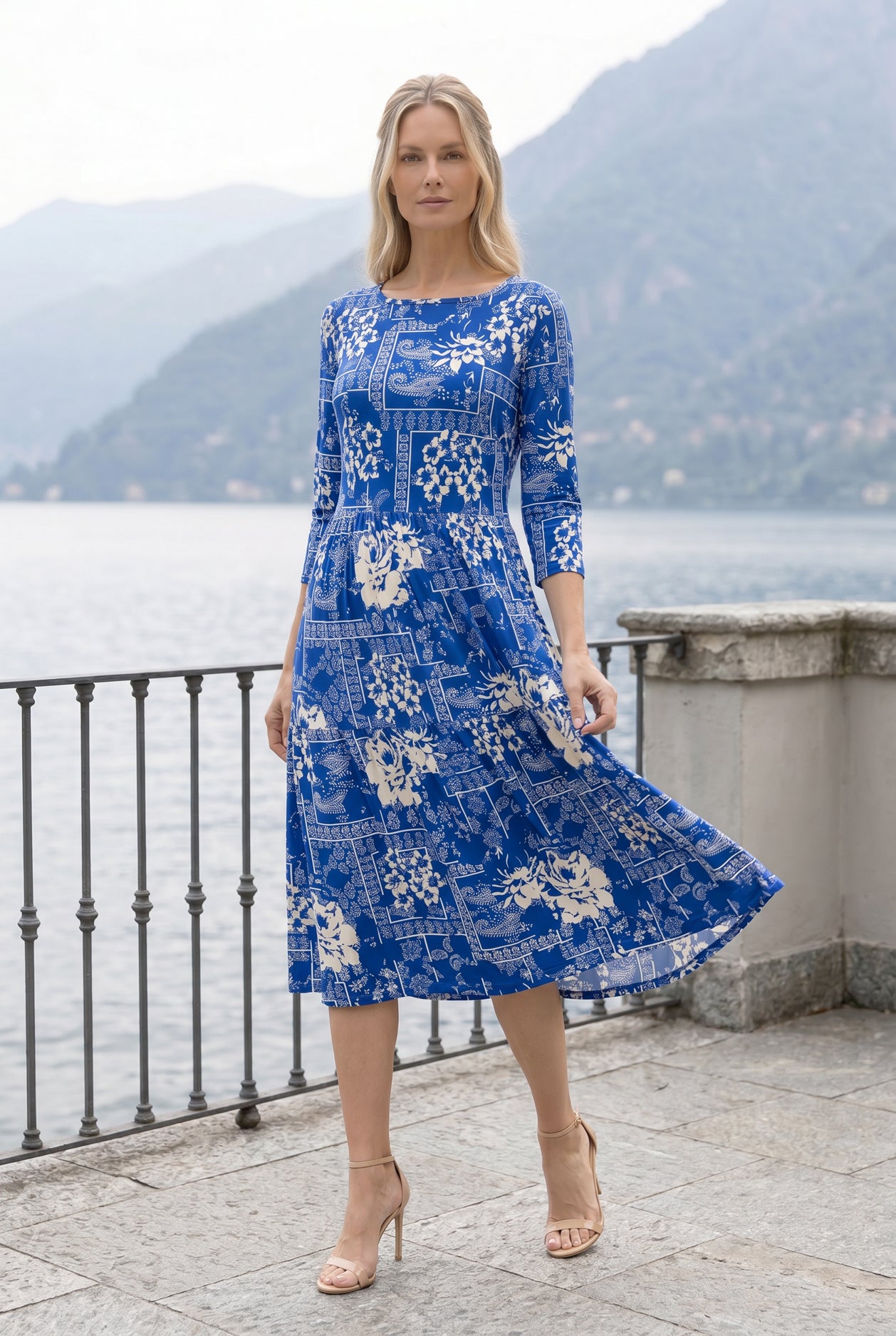 Nuggles Nova Midi Dress in Blue Rose, cool blue rose-floral modest cotton dress with 3/4 sleeves