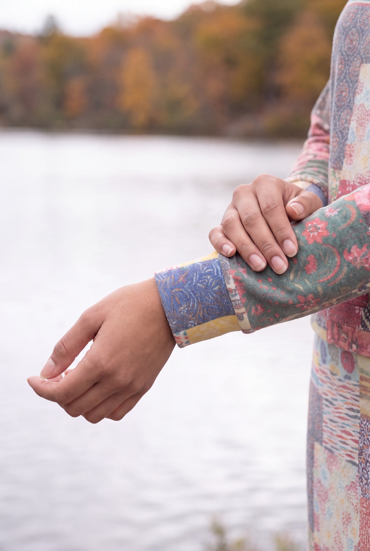 Model wearing Nuggles® Iris Sweater Shirt in Boho Mosaic