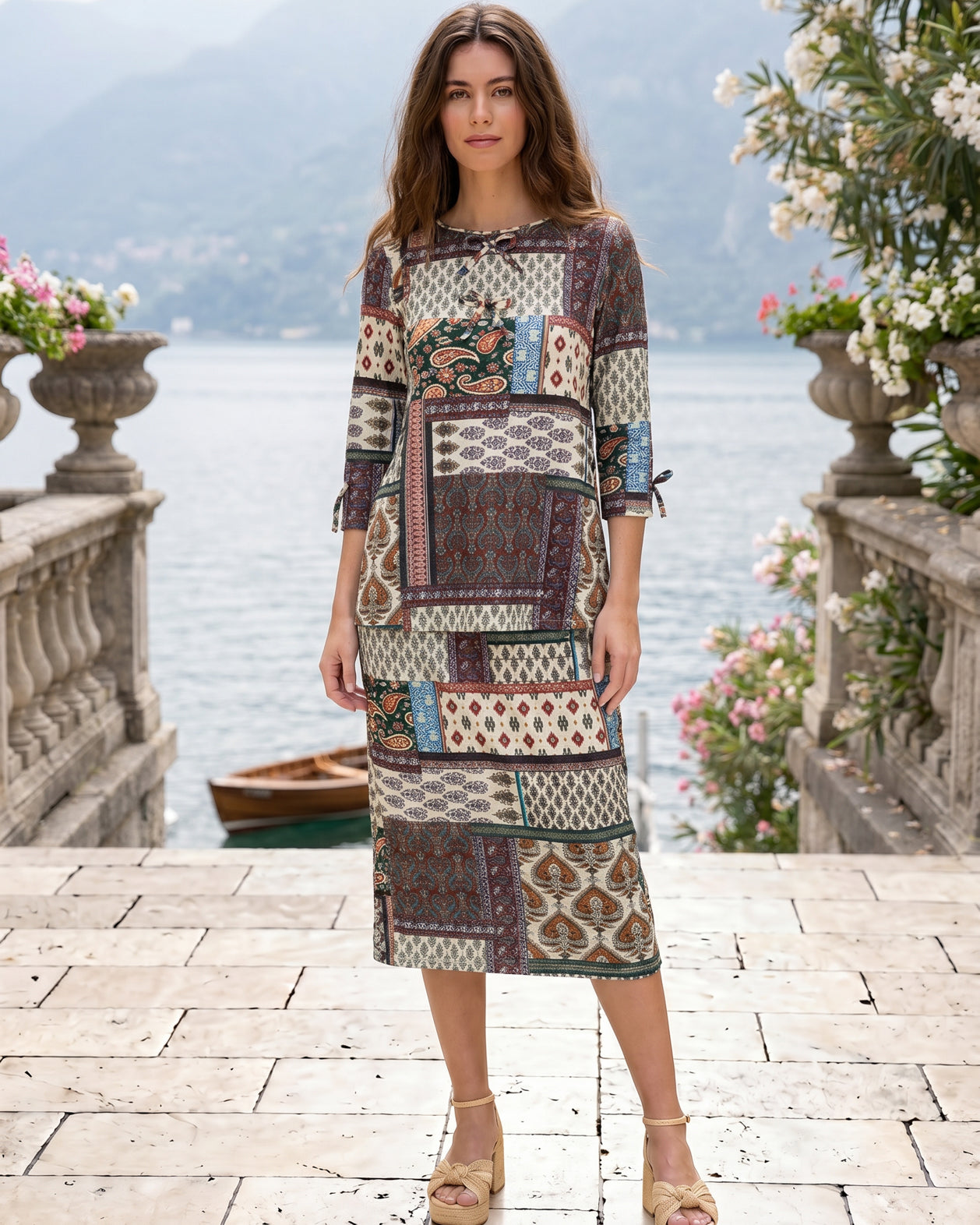 Model wearing Nuggles® Lexi Bow Top in Boho Patchwork