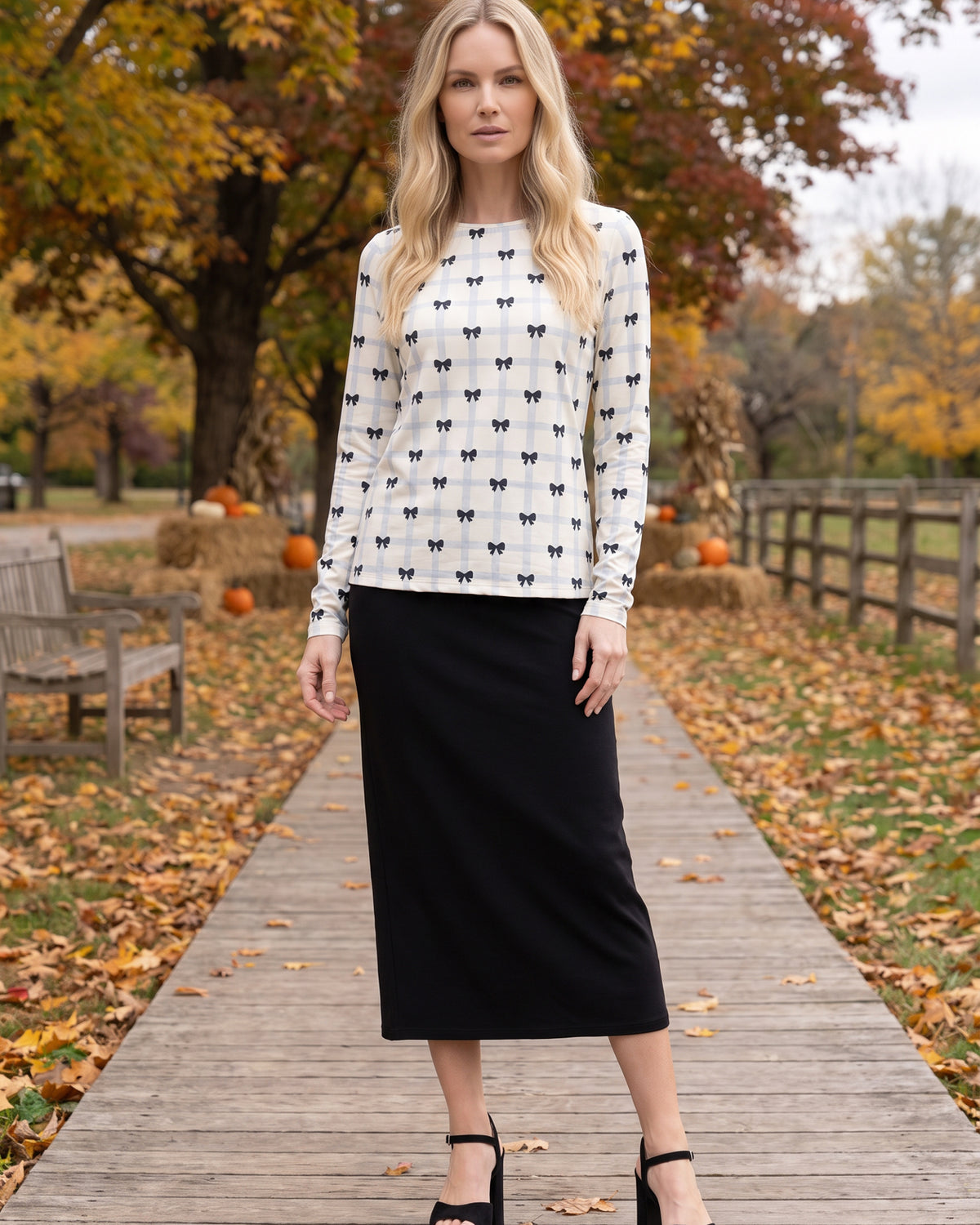 Model wearing Nuggles® Long Sleeve Essential Tee in Bow Check