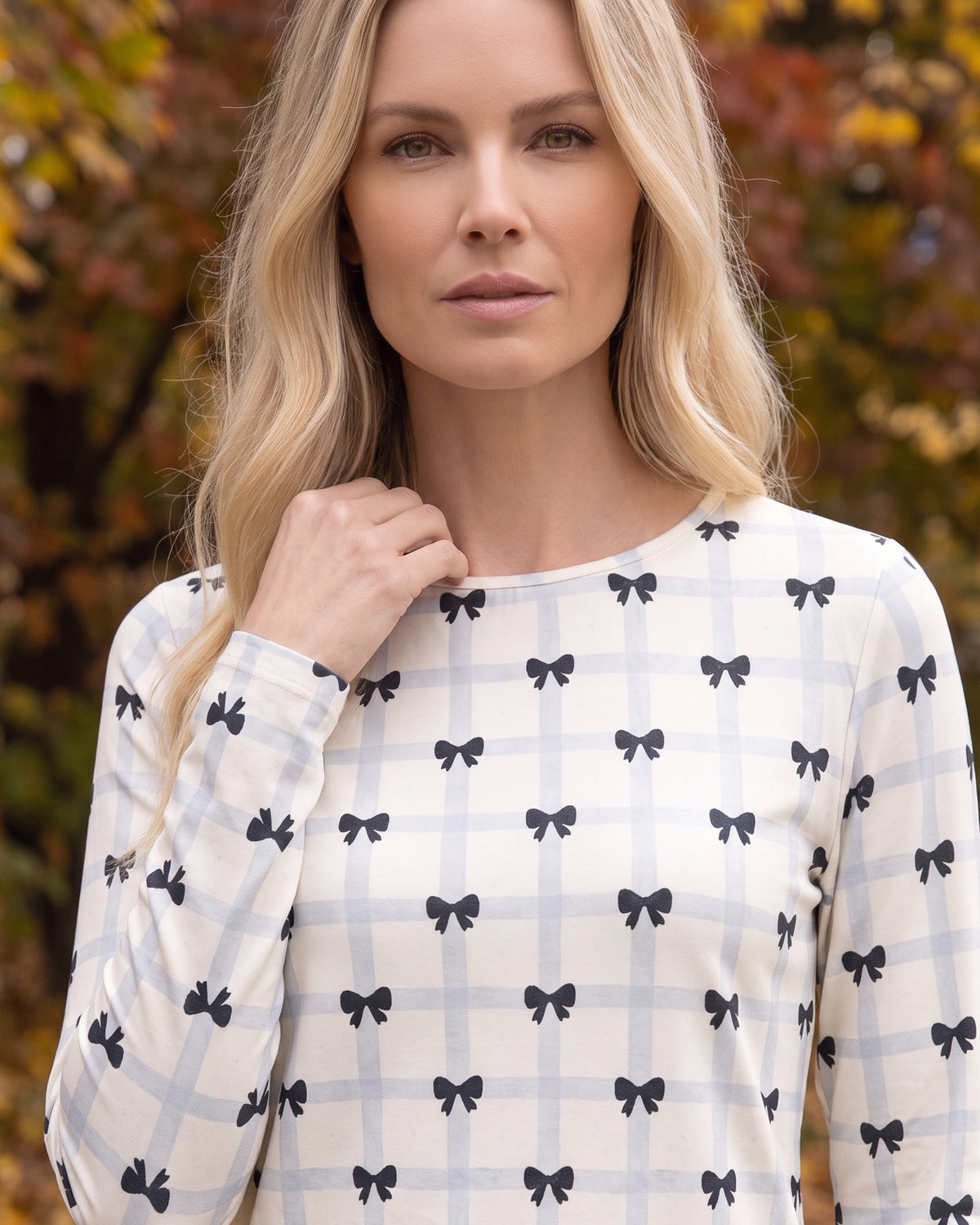 Model wearing Nuggles® Long Sleeve Essential Tee in Bow Check