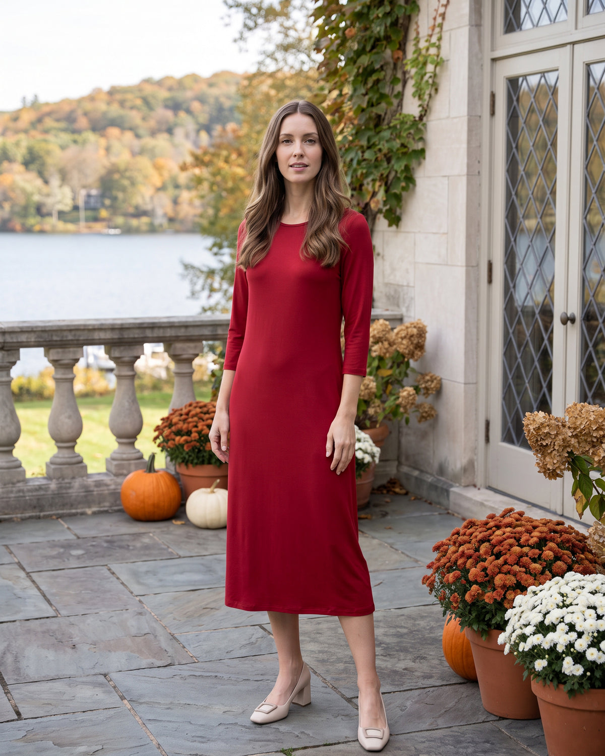 Model wearing Nuggles® Midi Layering Dress in Brick Red