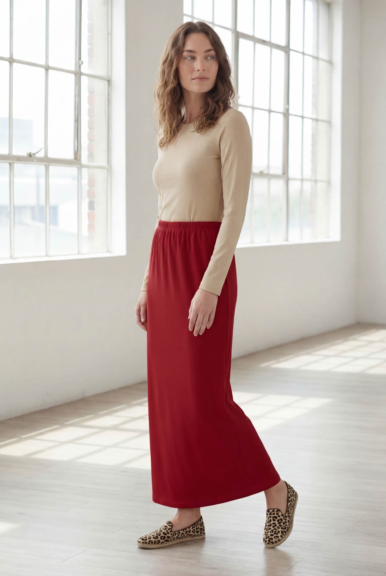Model wearing Nuggles® 36" Classic Skirt in Brick Red