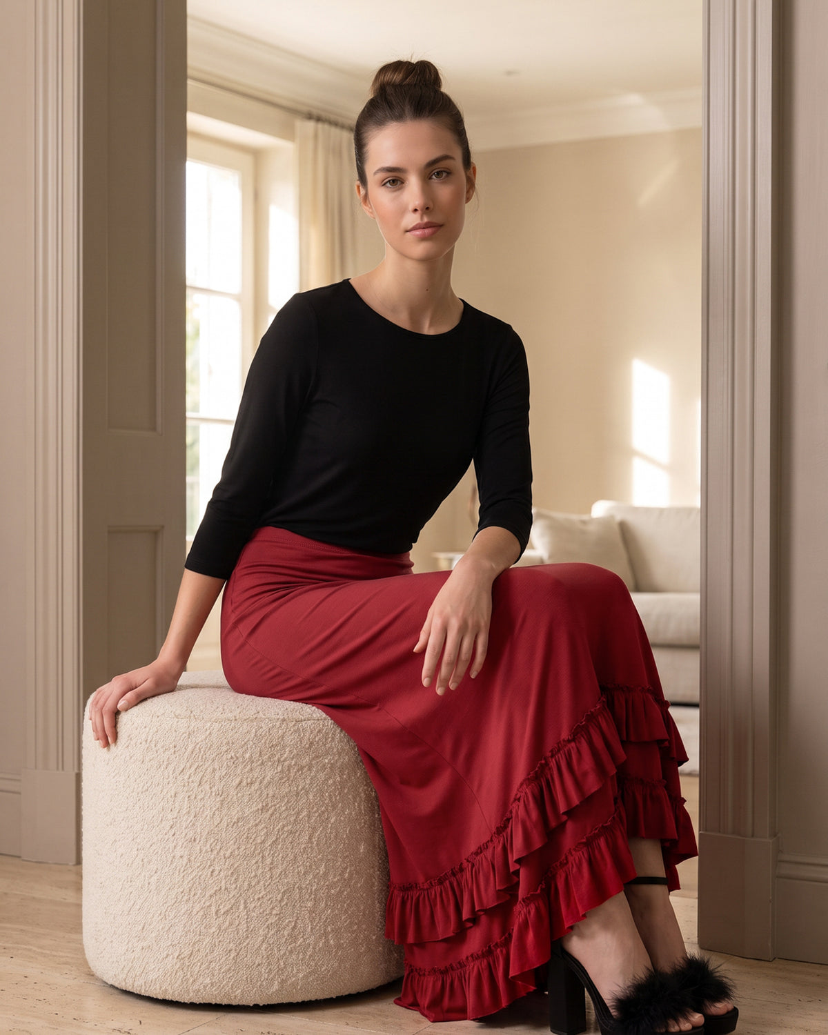 Model wearing Nuggles® Callie Skirt in Brick Red
