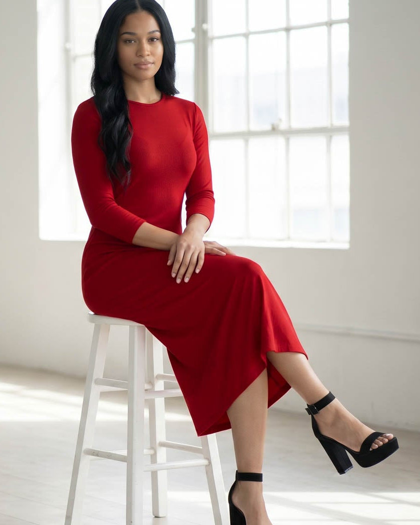 Model wearing Nuggles® Ribbed Layering Dress in Brick Red