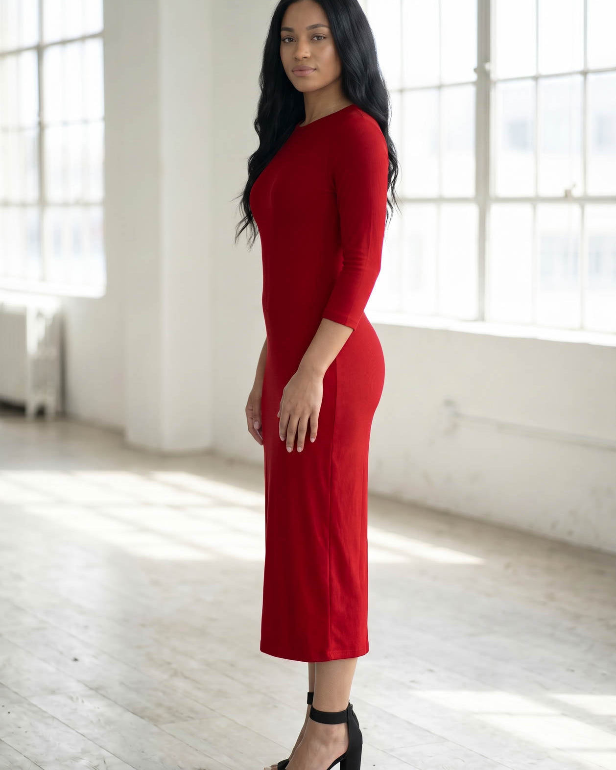 Model wearing Nuggles® Ribbed Layering Dress in Brick Red