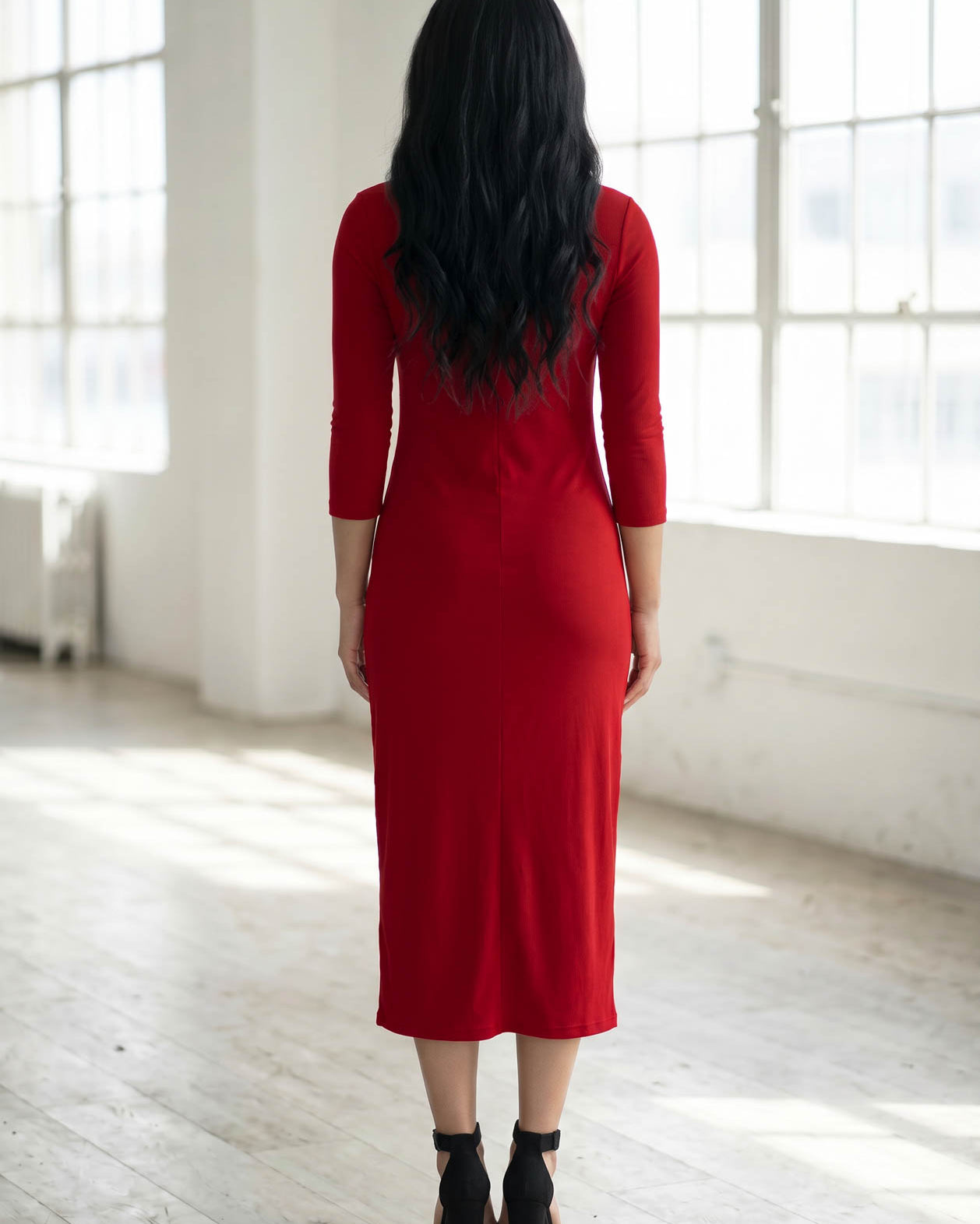 Model wearing Nuggles® Ribbed Layering Dress in Brick Red