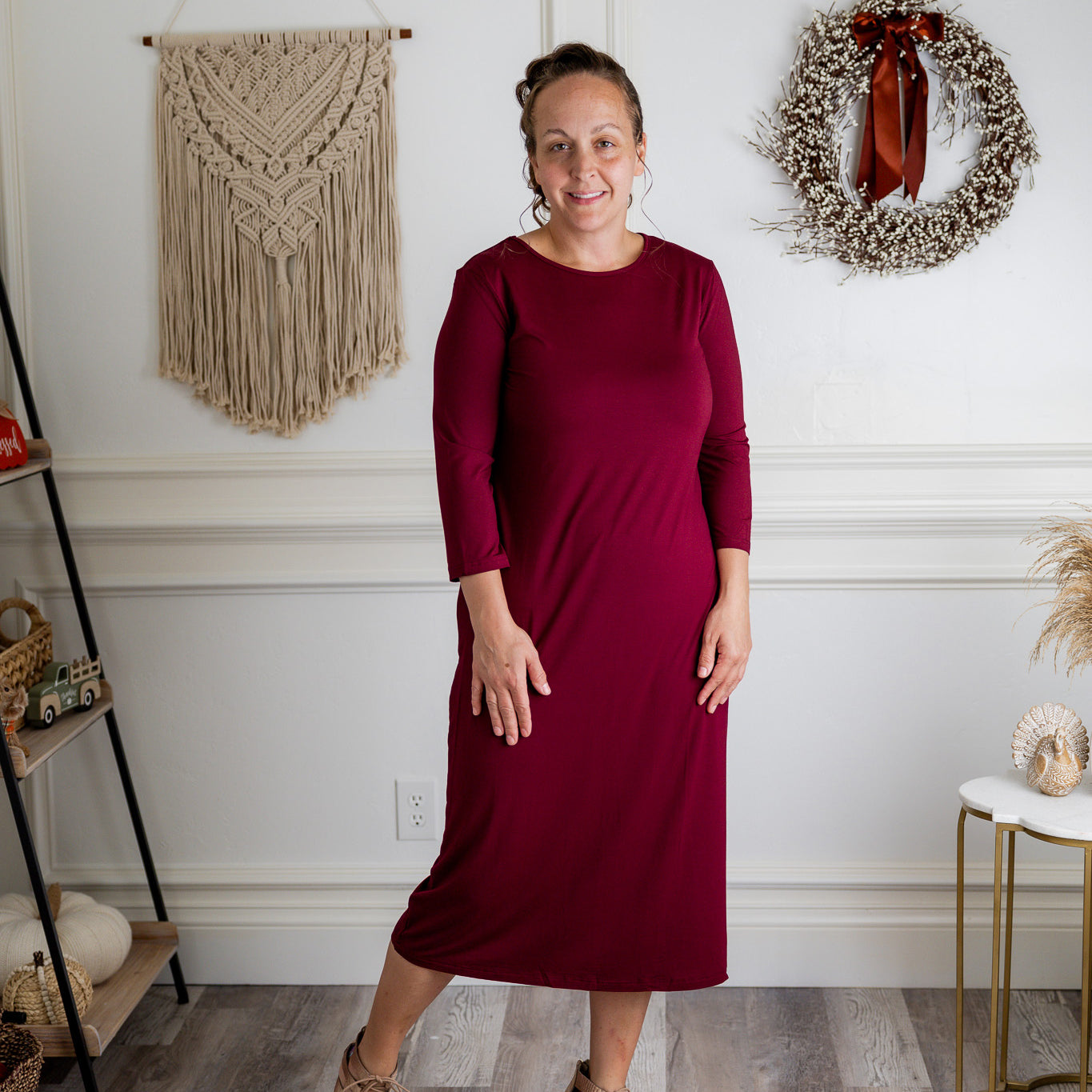 Model wearing Nuggles® Original Style Midi Layering Dress in soft cotton knit