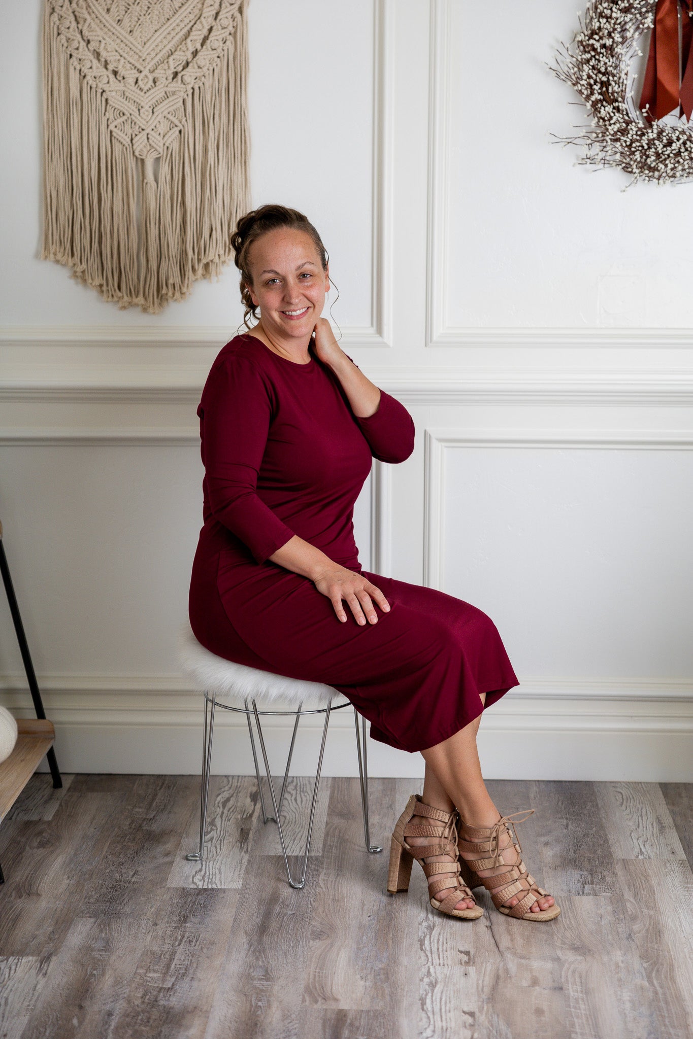 Model wearing Nuggles® Original Style Midi Layering Dress in soft cotton knit