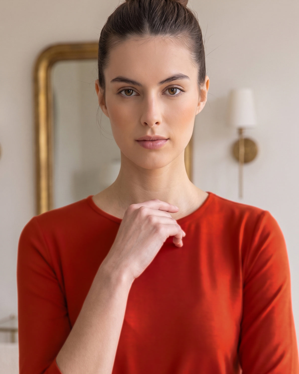 Model wearing Nuggles® Essential 3/4 Sleeve Tee in Burnt Orange
