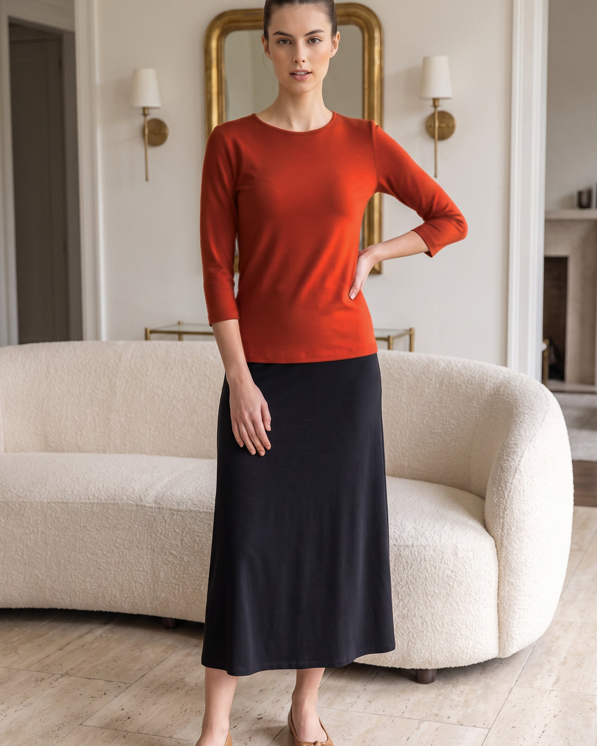 Model wearing Nuggles® Essential 3/4 Sleeve Tee in Burnt Orange