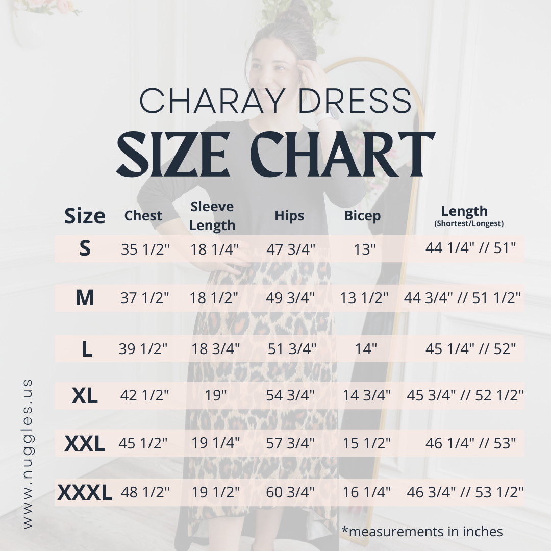 Nuggles Charay Dress size chart showing chest, sleeve length, hips, bicep, and high-low hem measurements in inches for sizes S to XXXL.