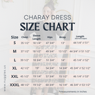 Nuggles Charay Dress size chart showing chest, sleeve length, hips, bicep, and high-low hem measurements in inches for sizes S to XXXL.