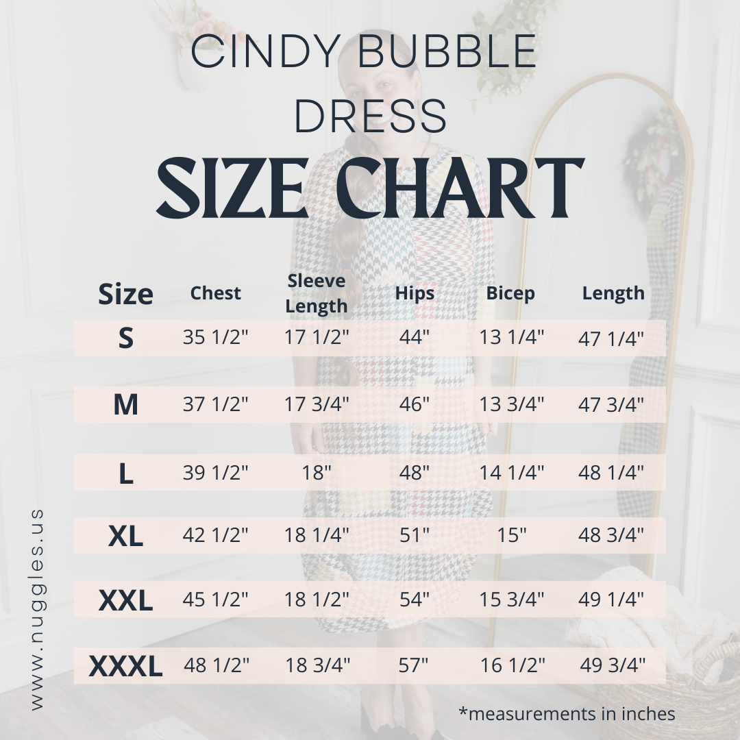 Size chart for the Cindy Bubble Dress showing measurements for bust, waist, hip, and dress length in sizes S through 3X.