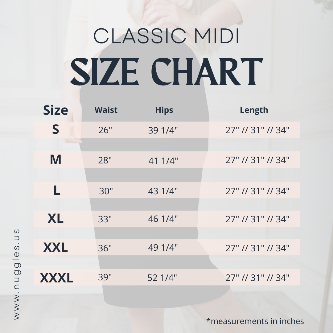 Classic Midi Skirt size chart with waist, hip, and length measurements in inches for sizes S to XXXL. Length options: 27, 31, and 34 inches.