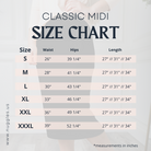 Classic Midi Skirt size chart with waist, hip, and length measurements in inches for sizes S to XXXL. Length options: 27, 31, and 34 inches.