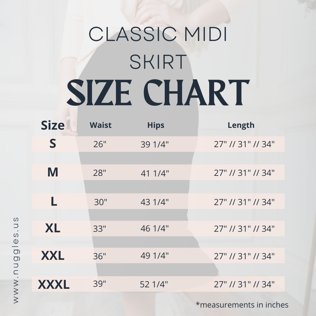 Size chart for Nuggles® Classic Lightweight Skirt showing waist and length measurements for 27-inch and 31-inch modest midi skirts.
