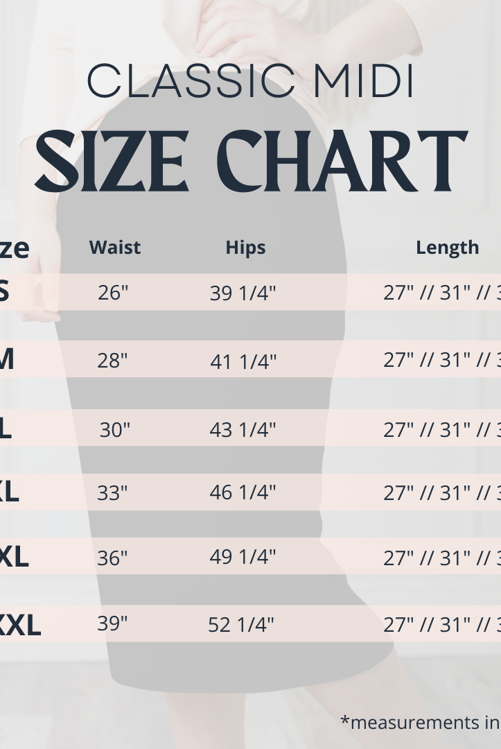 Classic Midi Skirt Size Chart showing waist, hip, and length measurements for sizes S to XXXL. Lengths available in 27", 31", and 34". Measurements listed in inches.