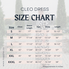 Nuggles® Cleo Dress size chart with measurements for bust, waist, and dress length.