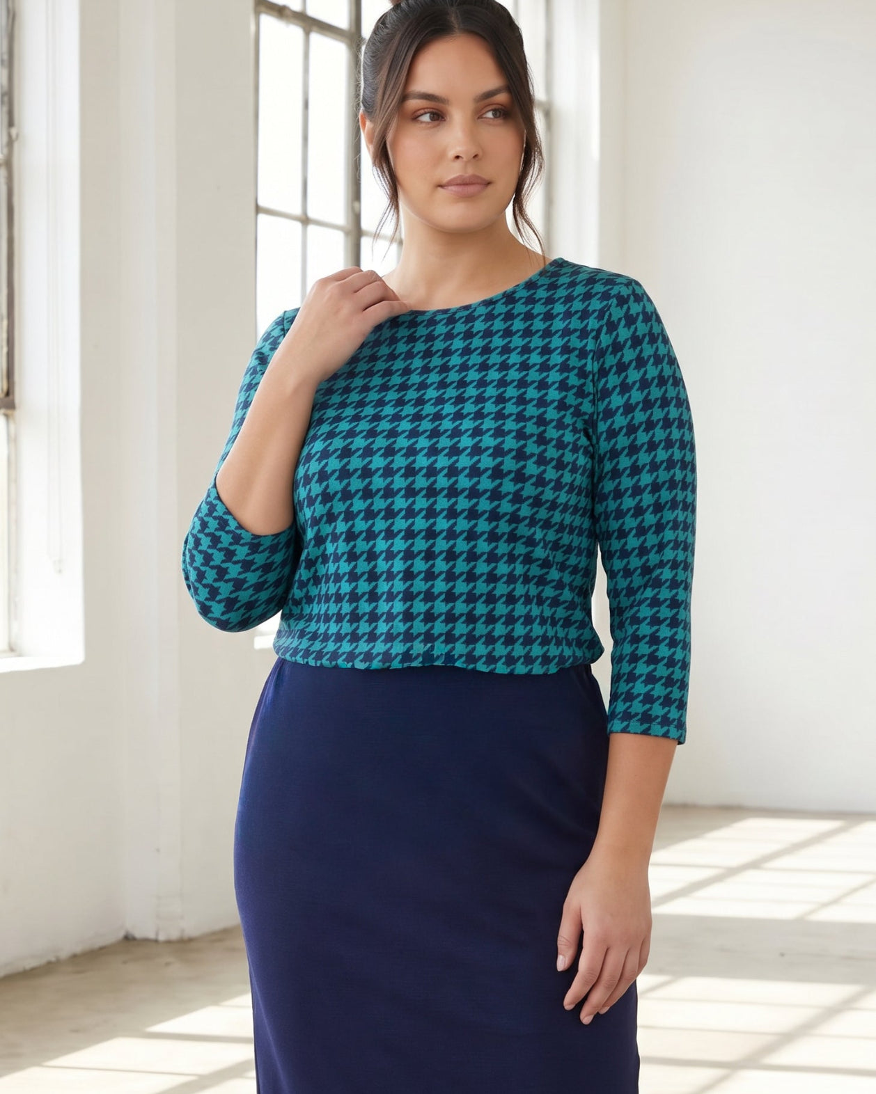 Model wearing Nuggles® 3/4 Essential Tee in Calm Check