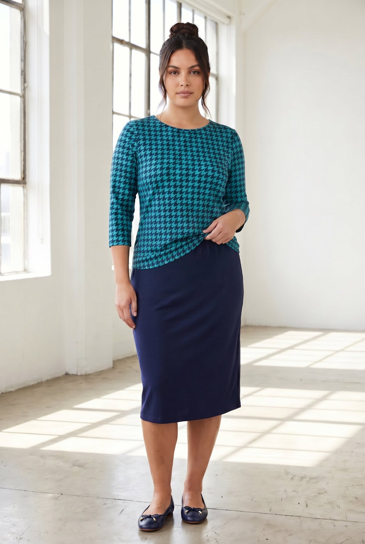 Model wearing Nuggles® 3/4 Essential Tee in Calm Check