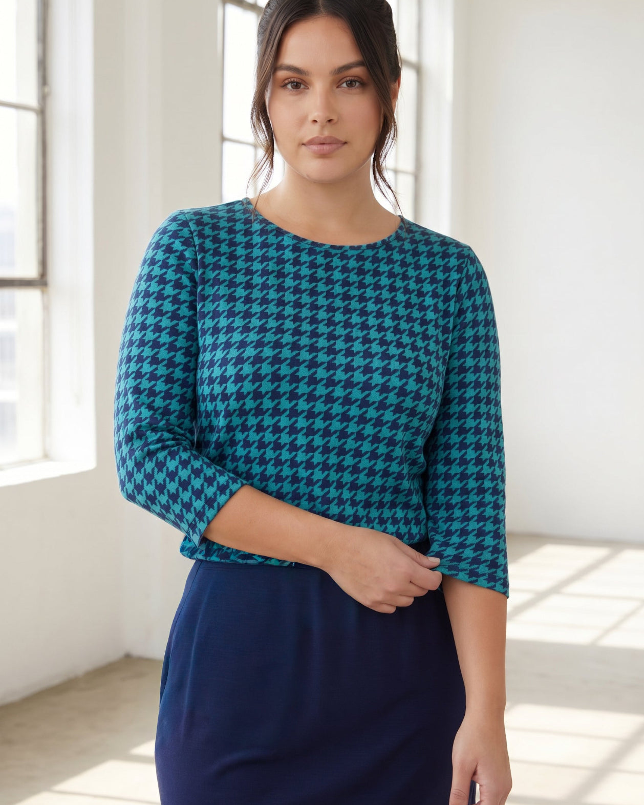 Model wearing Nuggles® 3/4 Essential Tee in Calm Check