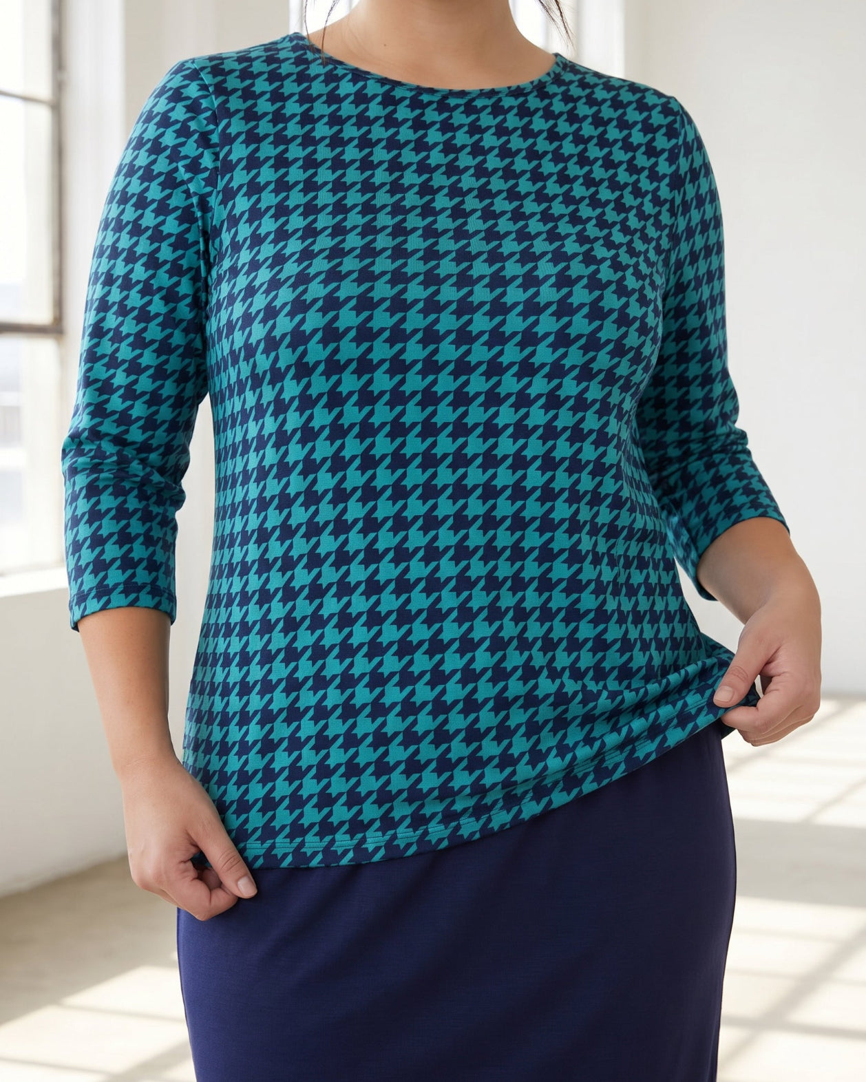 Model wearing Nuggles® 3/4 Essential Tee in Calm Check