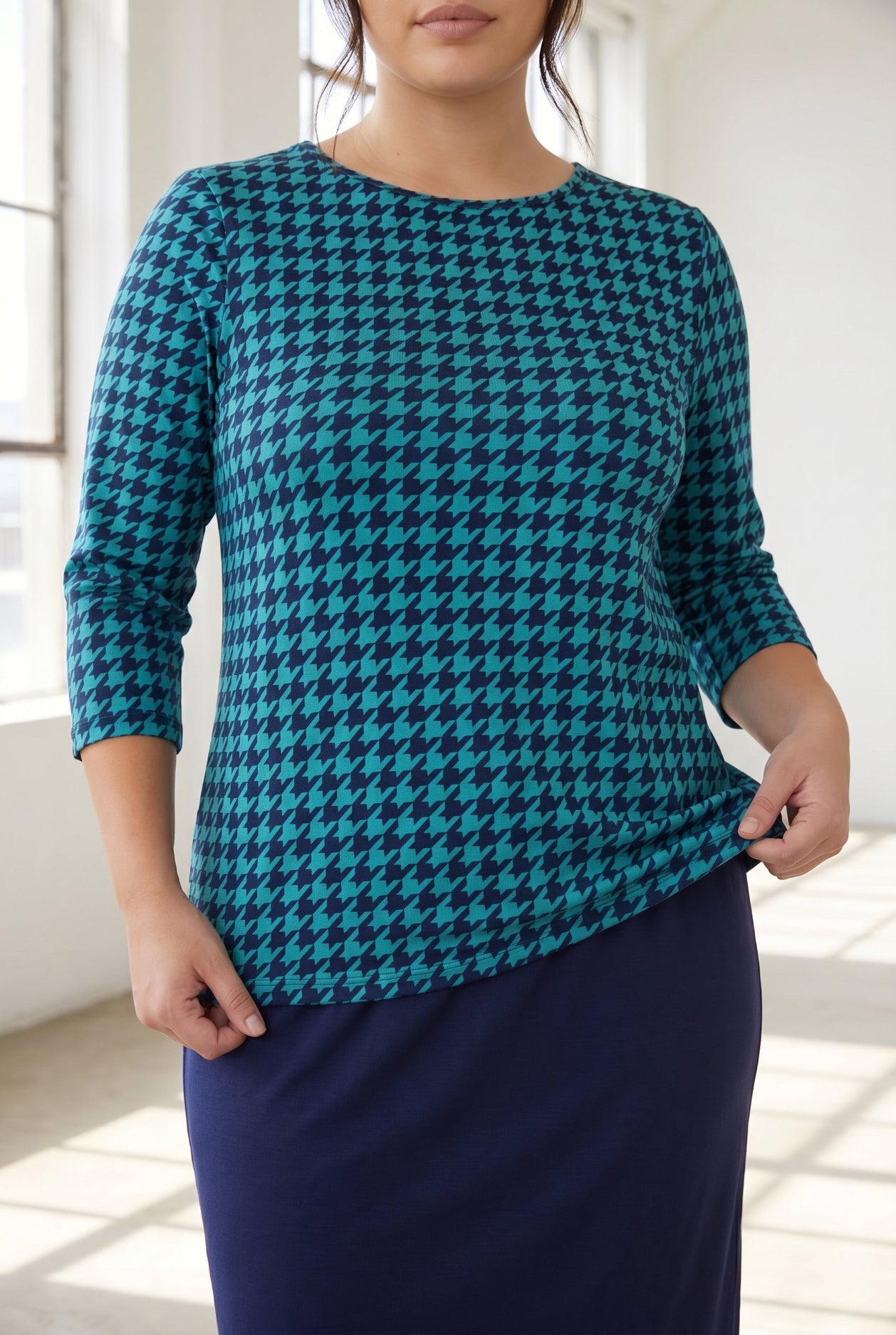 Model wearing Nuggles® 3/4 Essential Tee in Calm Check