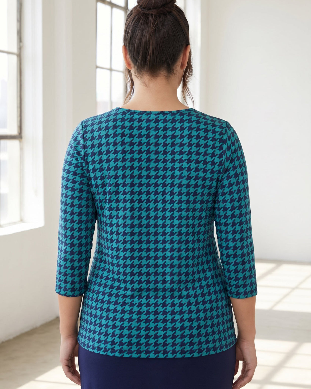 Model wearing Nuggles® 3/4 Essential Tee in Calm Check