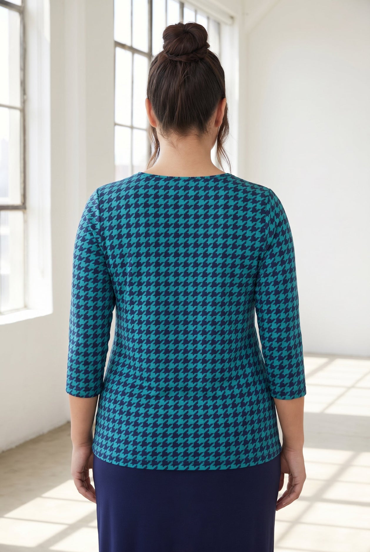Model wearing Nuggles® 3/4 Essential Tee in Calm Check