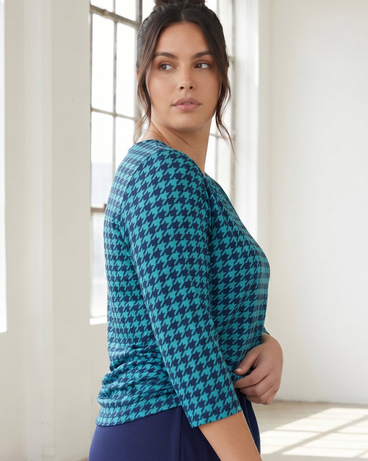 Model wearing Nuggles® 3/4 Essential Tee in Calm Check
