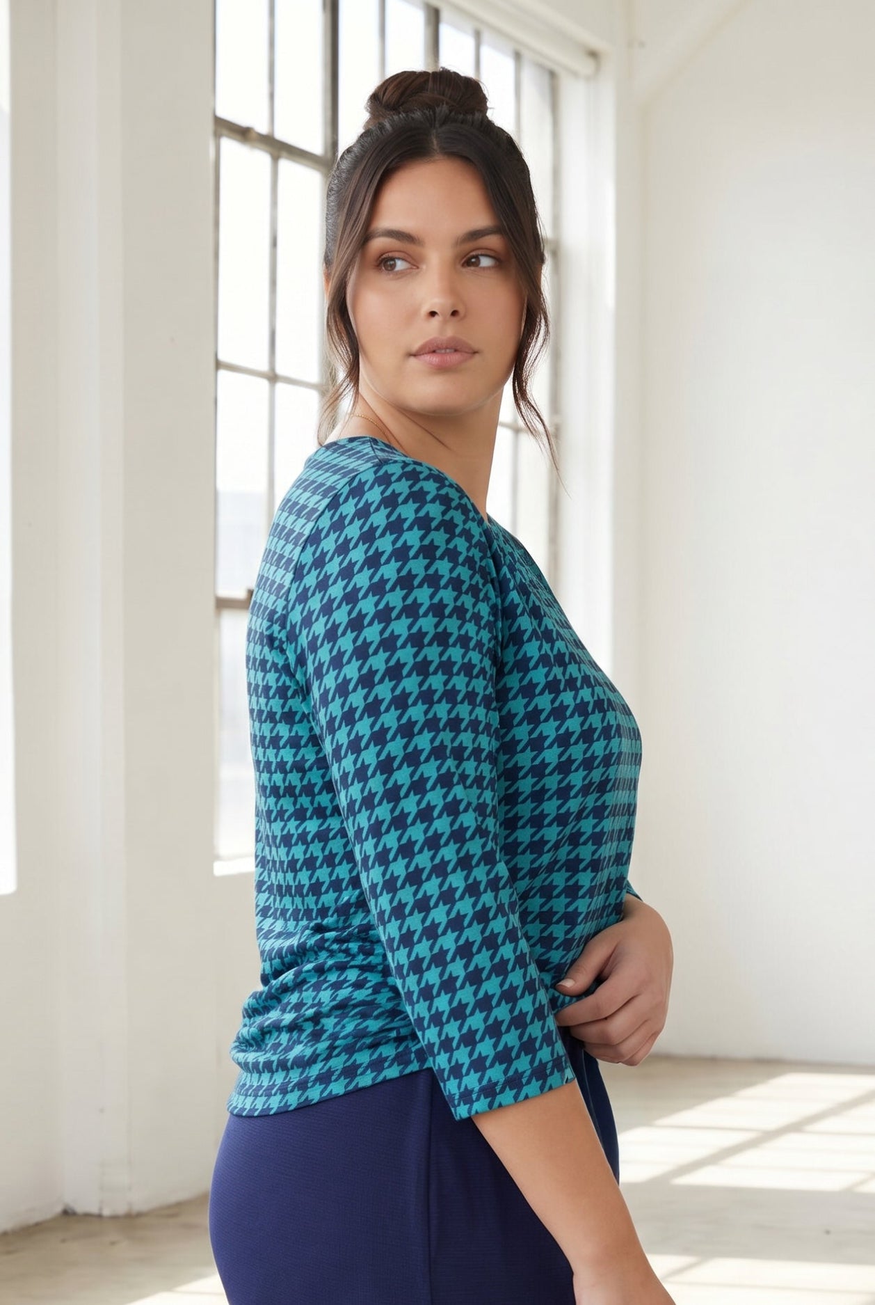 Model wearing Nuggles® 3/4 Essential Tee in Calm Check