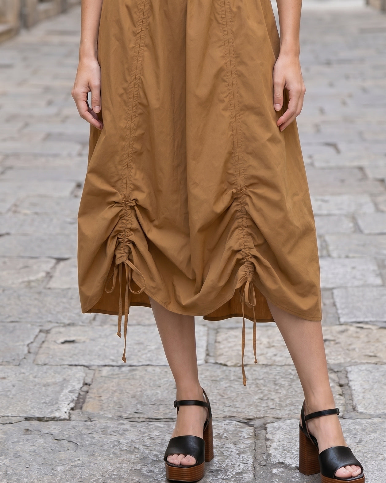 Model wearing Nuggles® Oriana Skirt in Camel