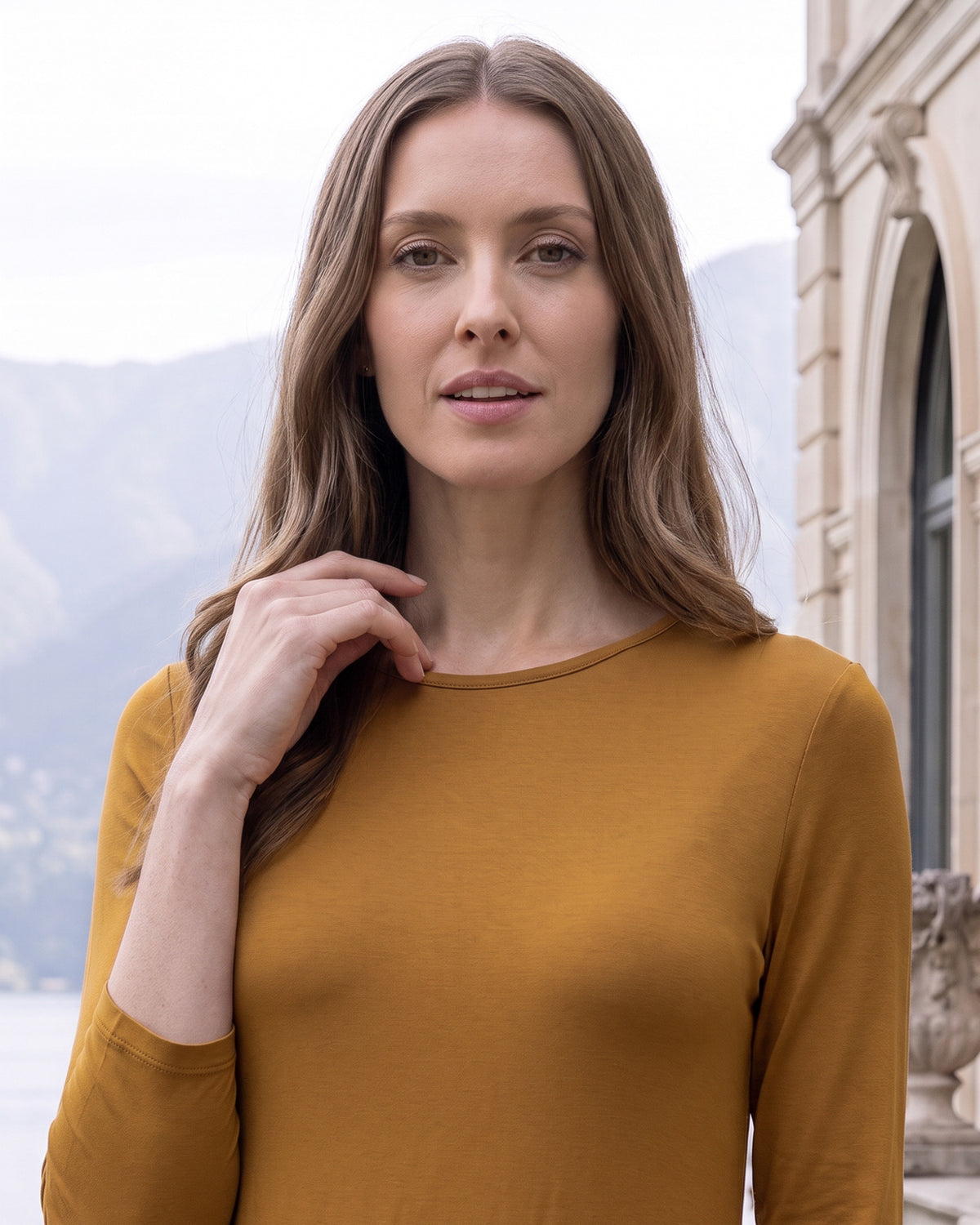 Model wearing Nuggles® Maxi Layering Dress in Camel