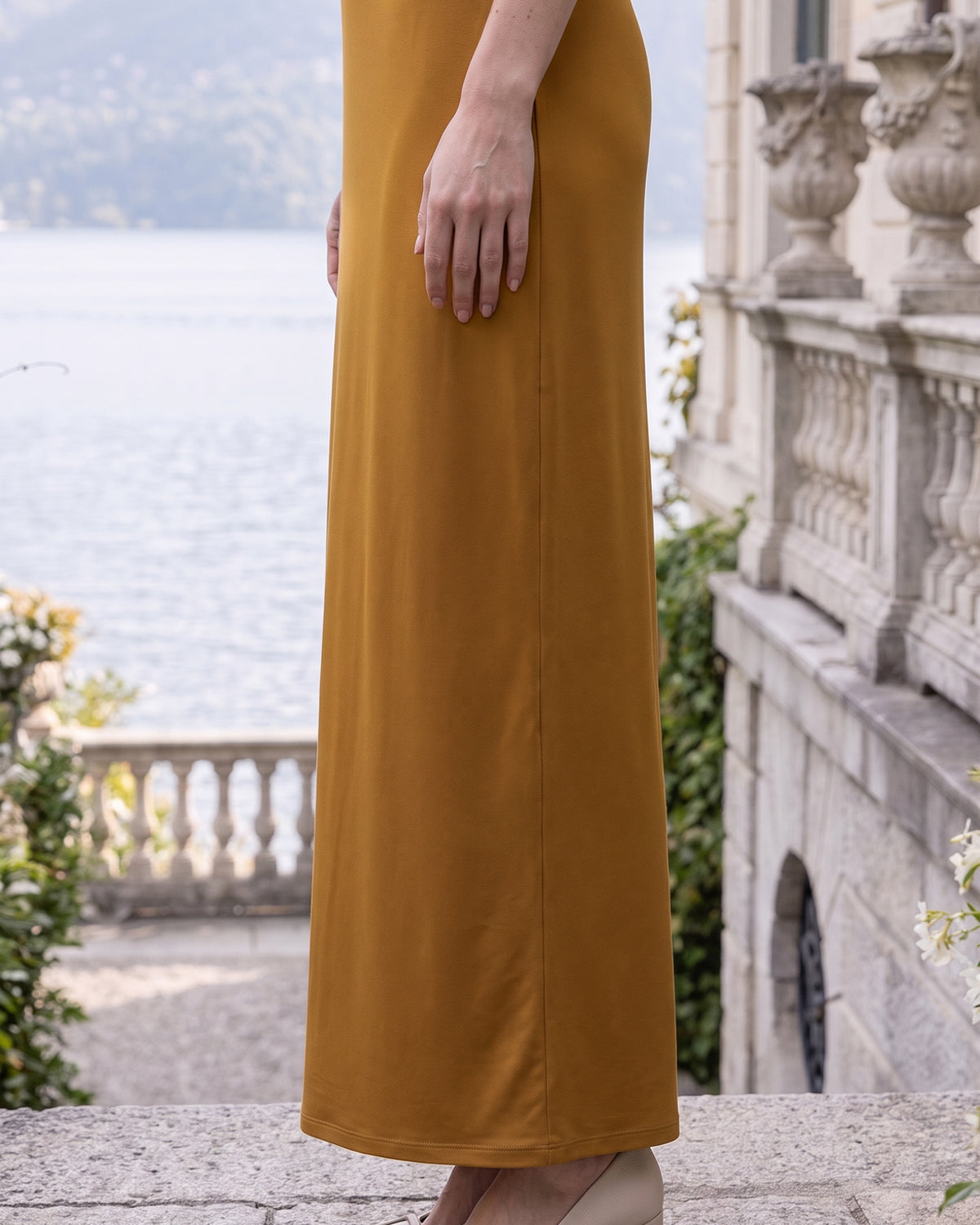 Model wearing Nuggles® Maxi Layering Dress in Camel