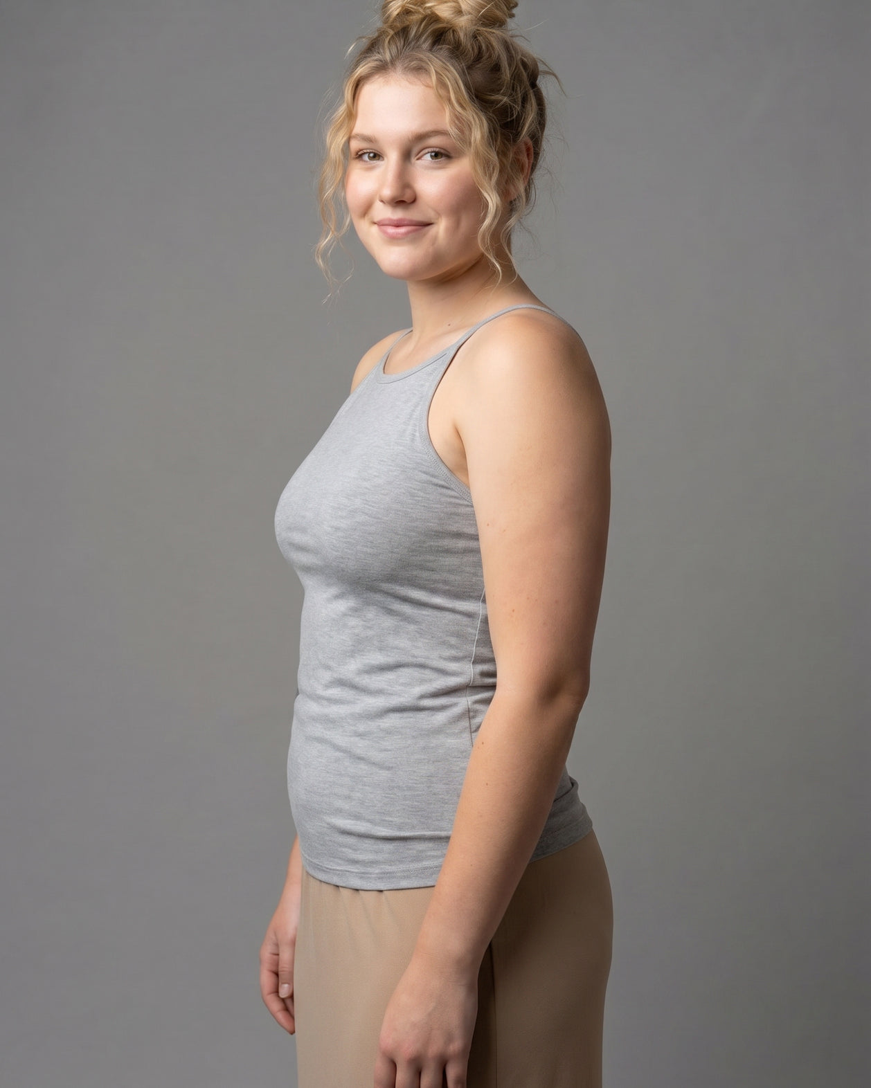 Model wearing Nuggles® Camisole in Heather Gray