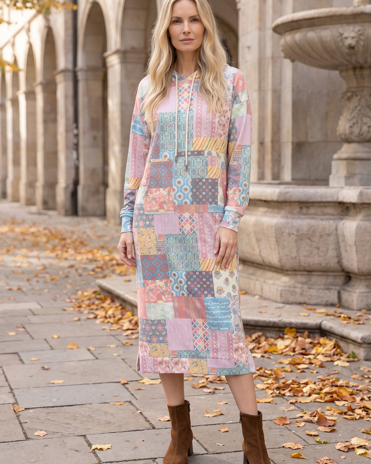 Model wearing Nuggles® Hoodie Dress in Candy Lane