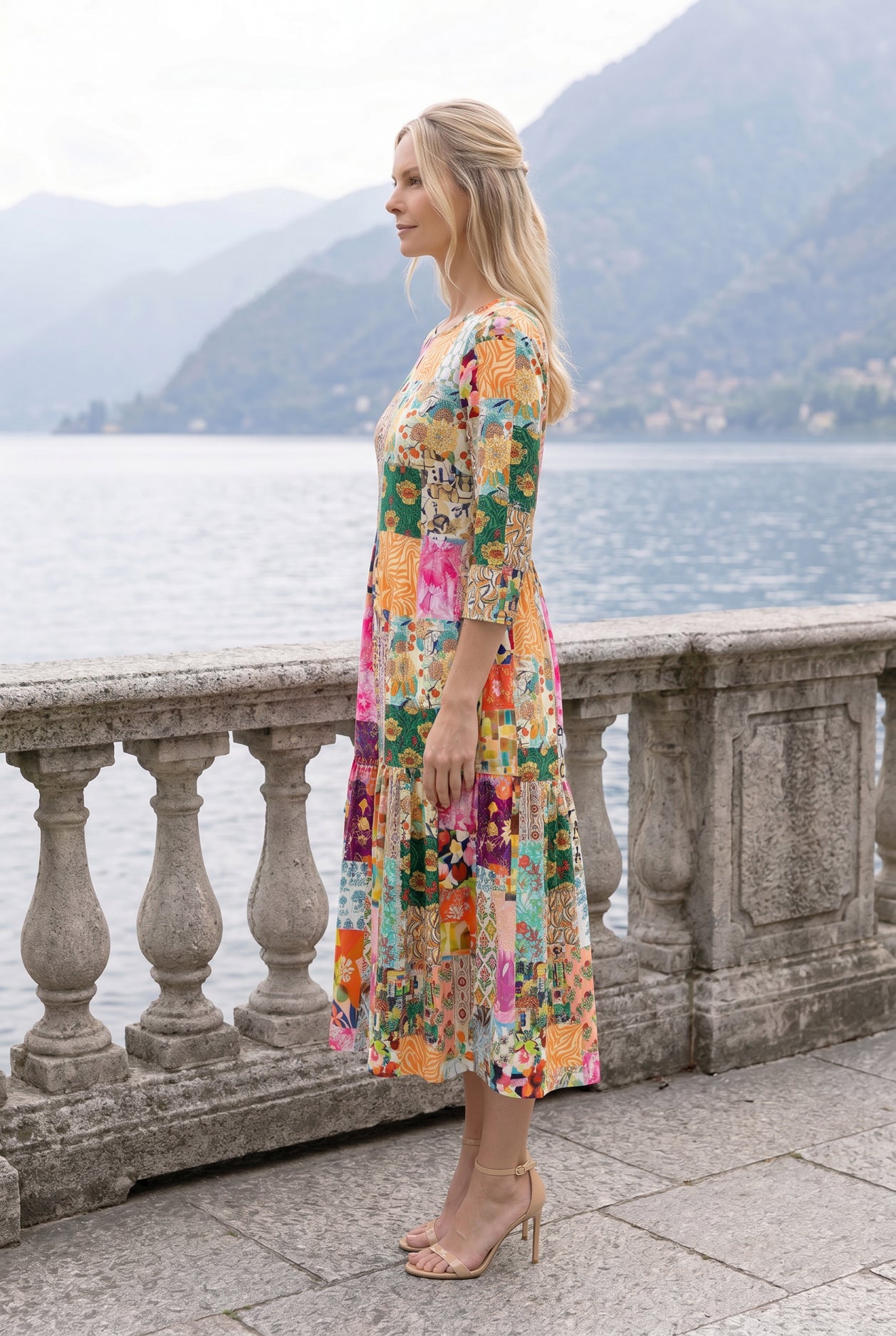 Modest Nova Midi Dress in Carousel by Nuggles, playful multicolor cotton dress, maternity-friendly
