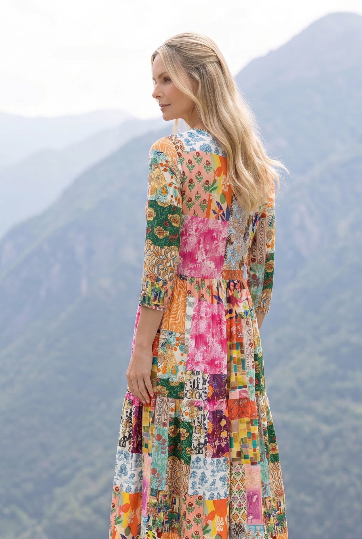 Carousel Nova Midi Dress by Nuggles, modest 3/4-sleeve dress in playful multicolor print