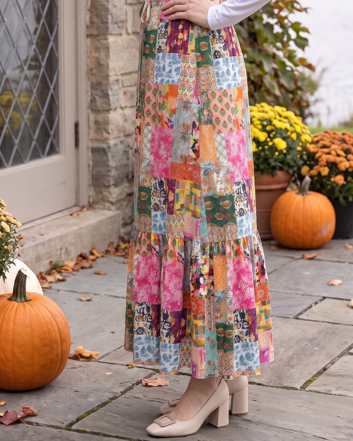 Model wearing Nuggles® Sage Skirt in Carousel